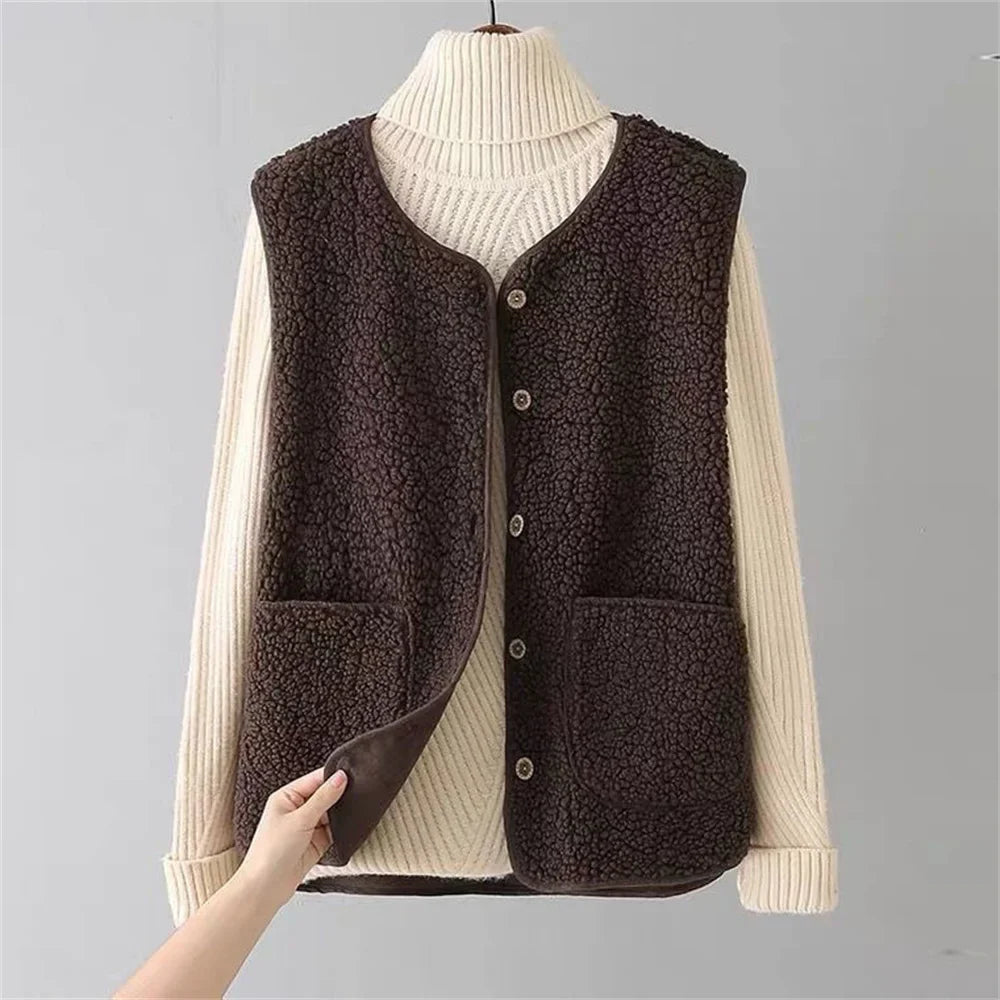 Wool Blend Fleece Sleeveless Vest for Women | Solenne Brown