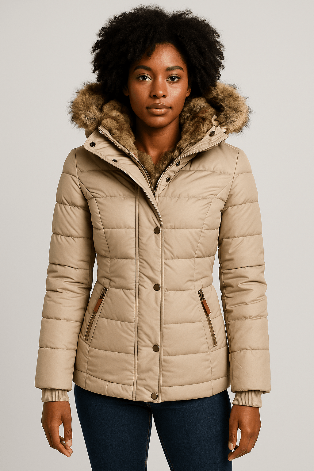 Waterproof Winter Coat with Fur Lining for Women | Velmira Beige