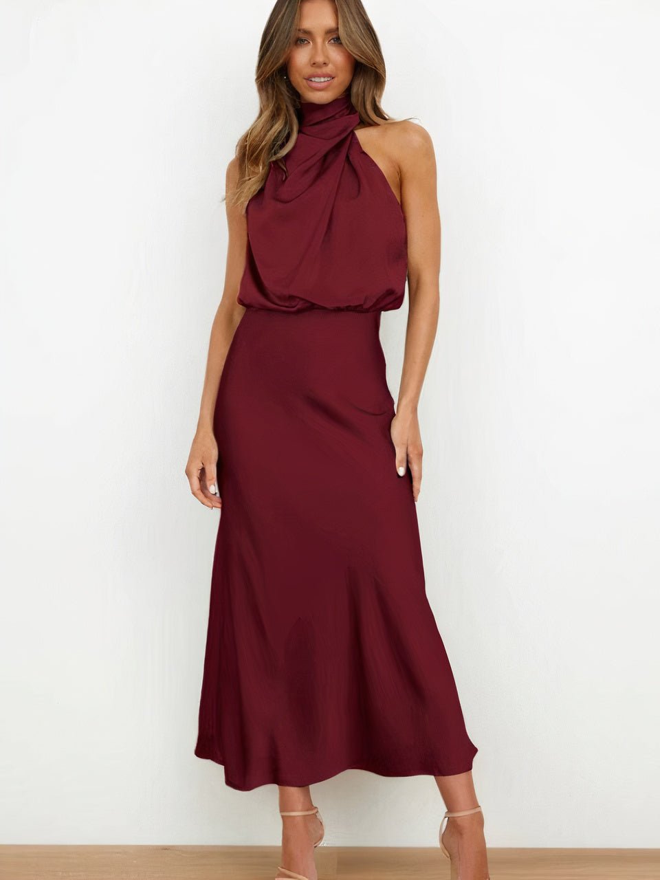 Women Halter-Neck Draped Maxi Dress | Marcelle Wine Red