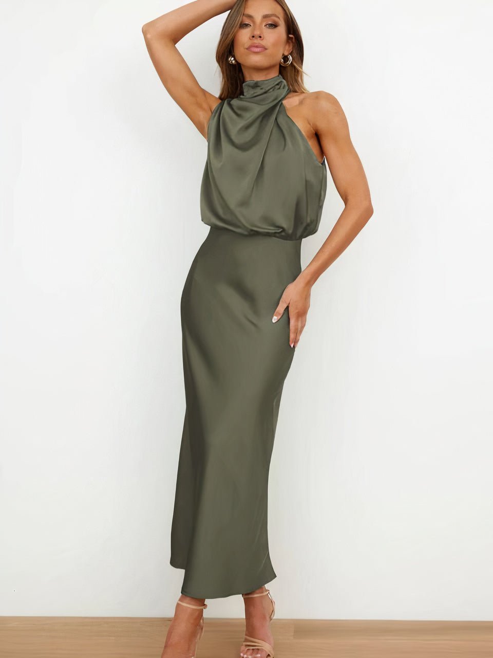 Women Halter-Neck Draped Maxi Dress | Marcelle Army Green