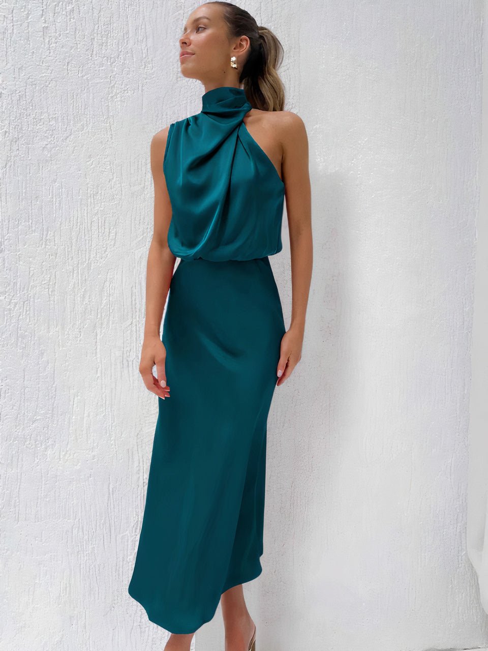 Women Halter-Neck Draped Maxi Dress | Marcelle Lake Blue