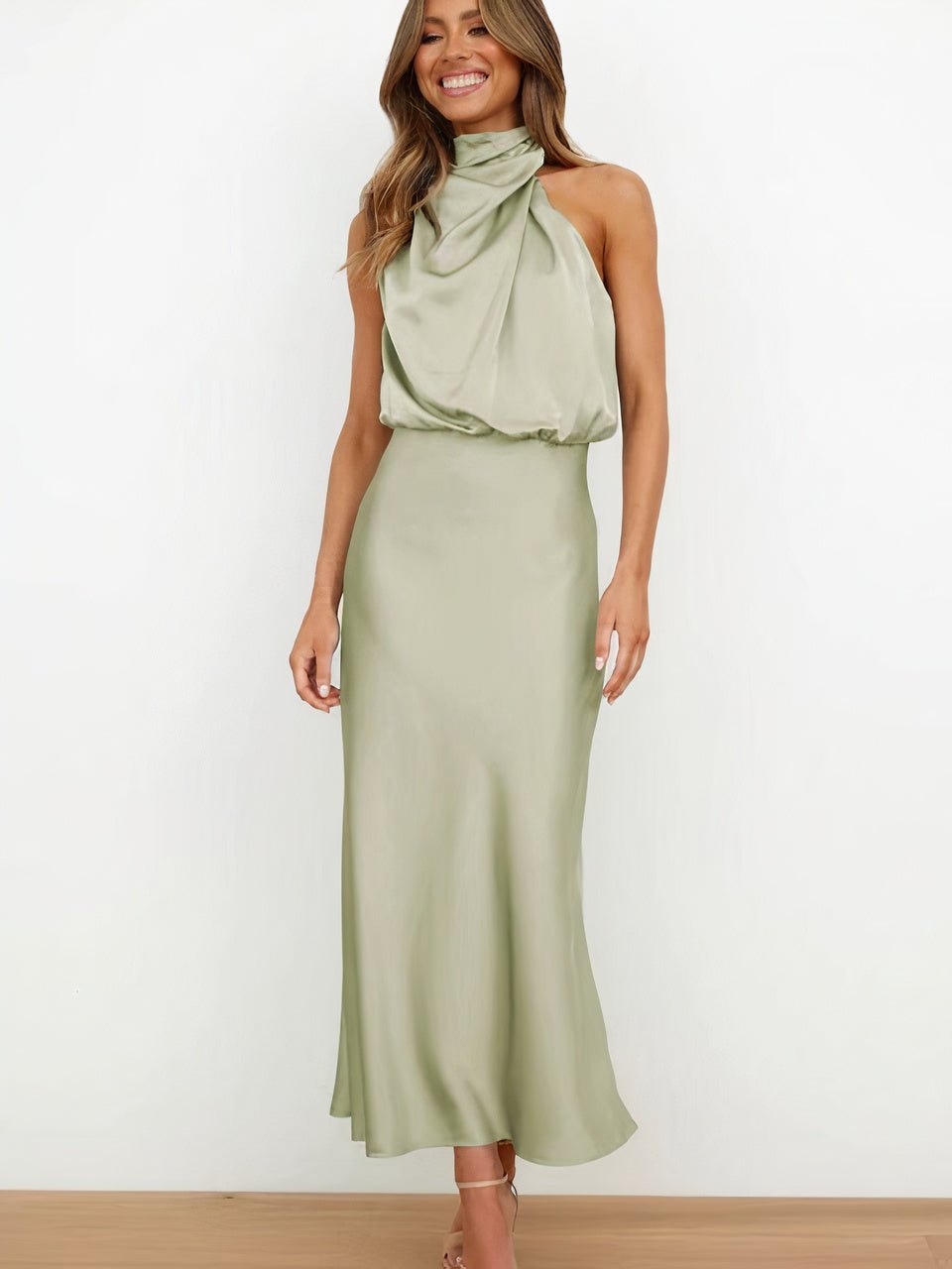 Women Halter-Neck Draped Maxi Dress | Marcelle Light Green