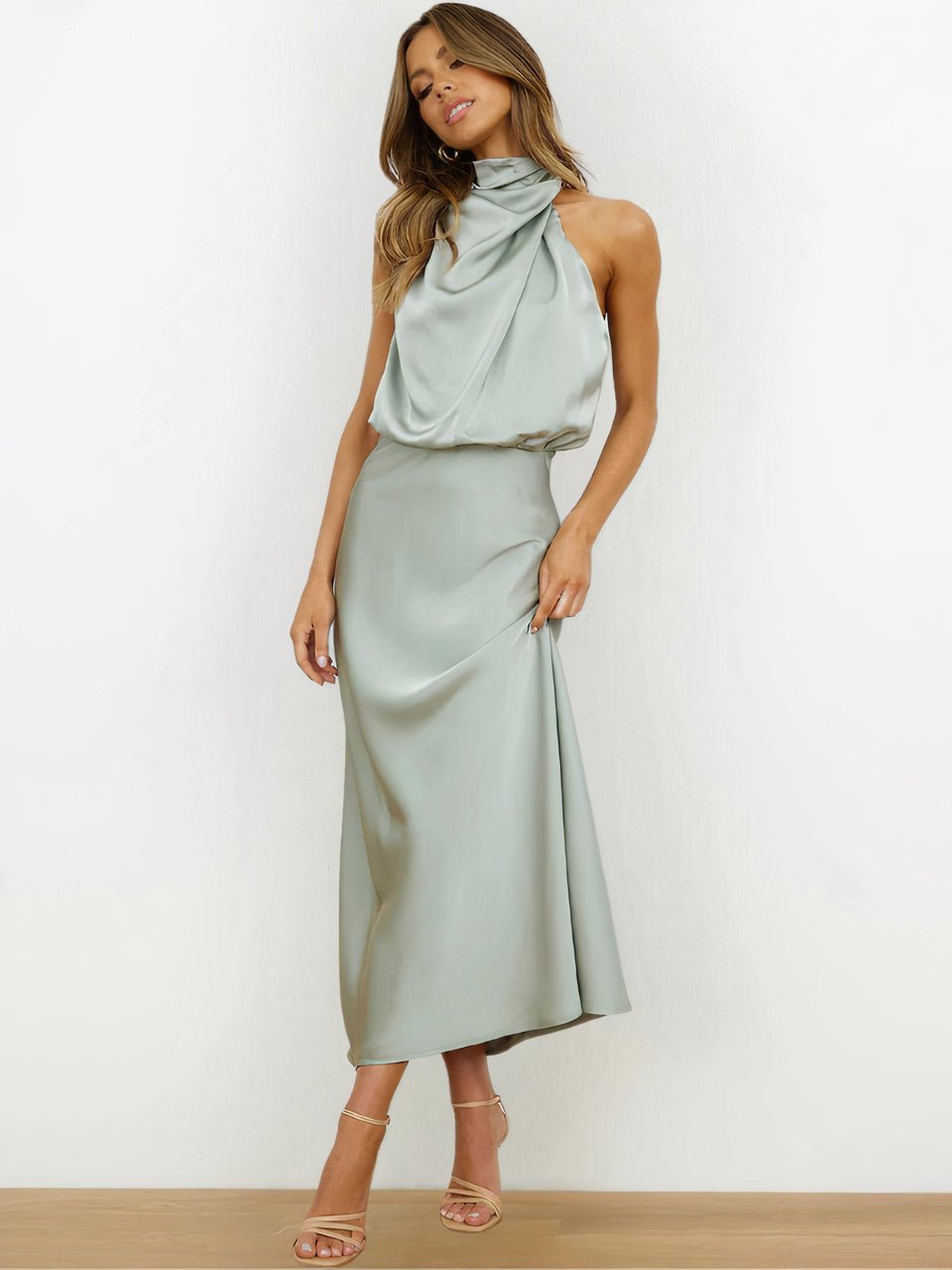 Women Halter-Neck Draped Maxi Dress | Marcelle Mint Green