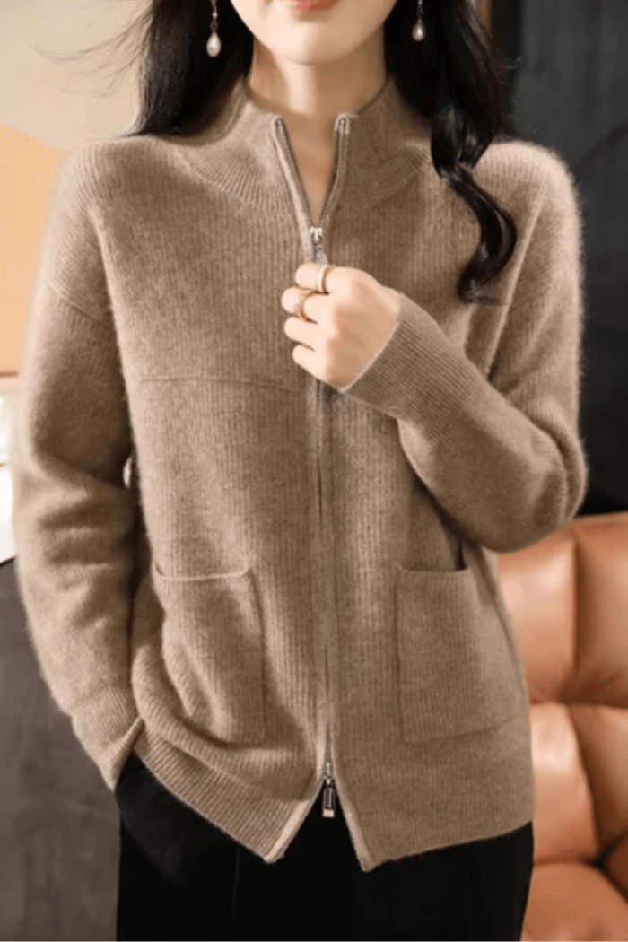 Wool Zip-Up Sweater Relaxed Fit for Women | Marisse Camel One Size
