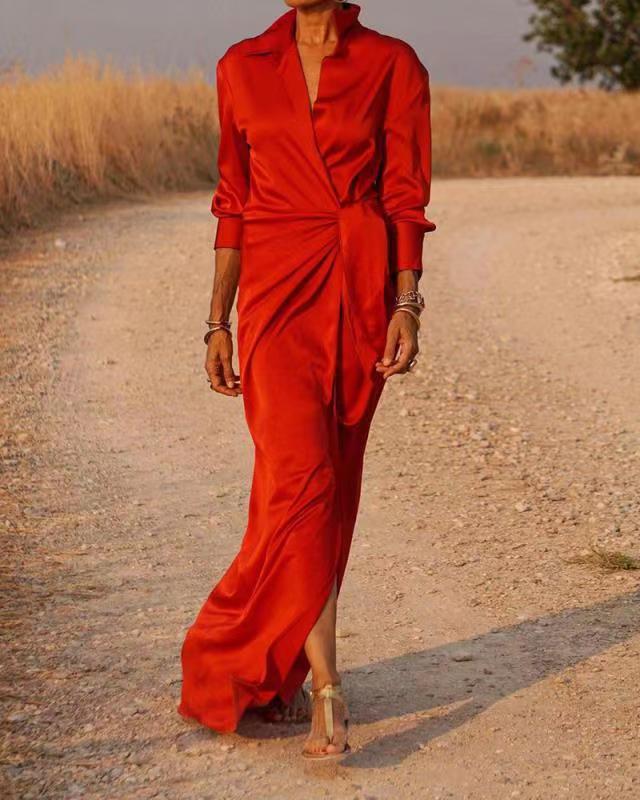 Wrap Maxi Dress in Silk Satin for Women | Katherine Red