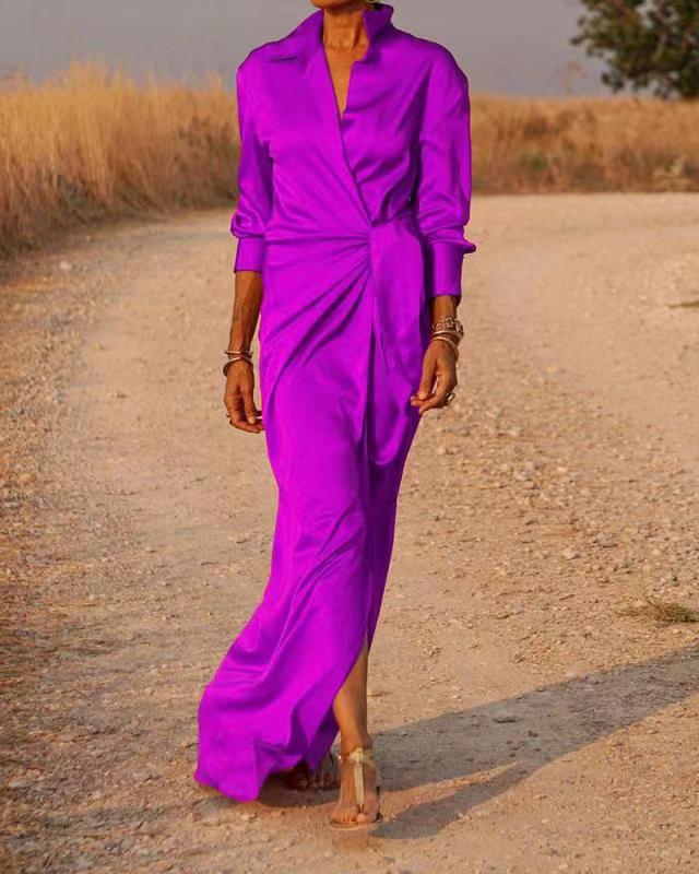 Wrap Maxi Dress in Silk Satin for Women | Katherine Purple