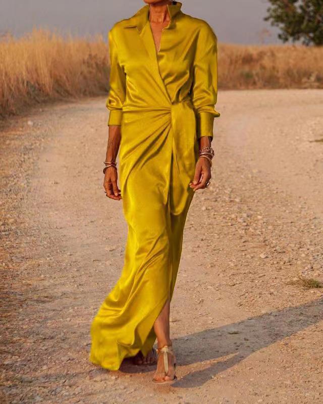 Wrap Maxi Dress in Silk Satin for Women | Katherine Yellow