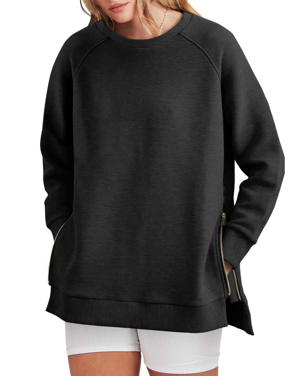 Zippered Tunic Sweatshirt Long Sleeve for Women | Maribel Black