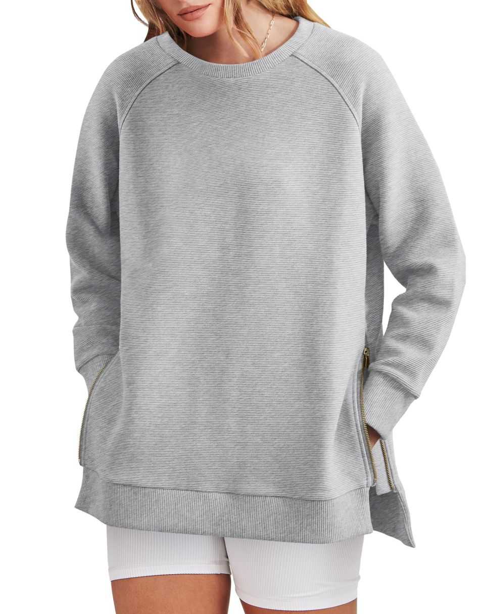 Zippered Tunic Sweatshirt Long Sleeve for Women | Maribel Gray