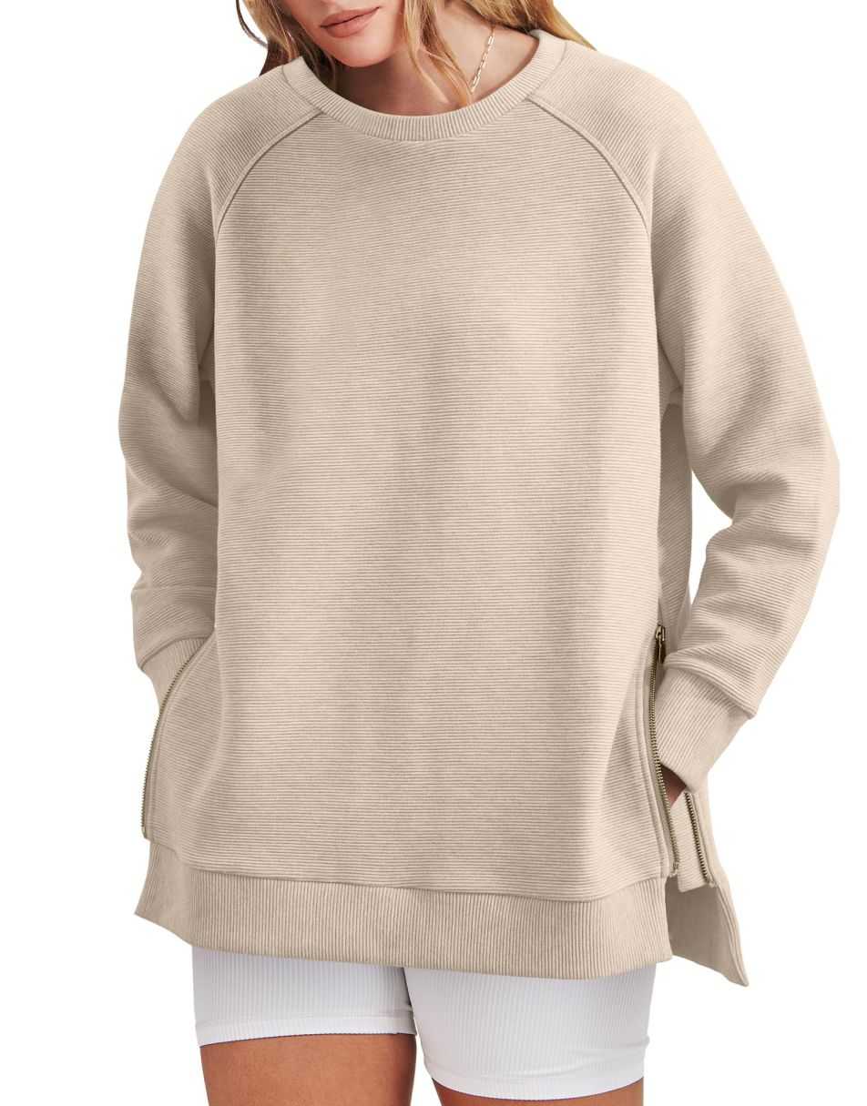 Zippered Tunic Sweatshirt Long Sleeve for Women | Maribel Light Apricot