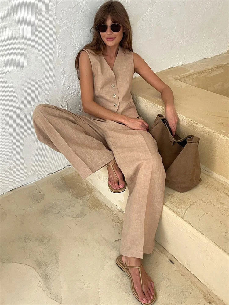 2-Piece Linen Trouser Set for Women | Marlowe Khaki