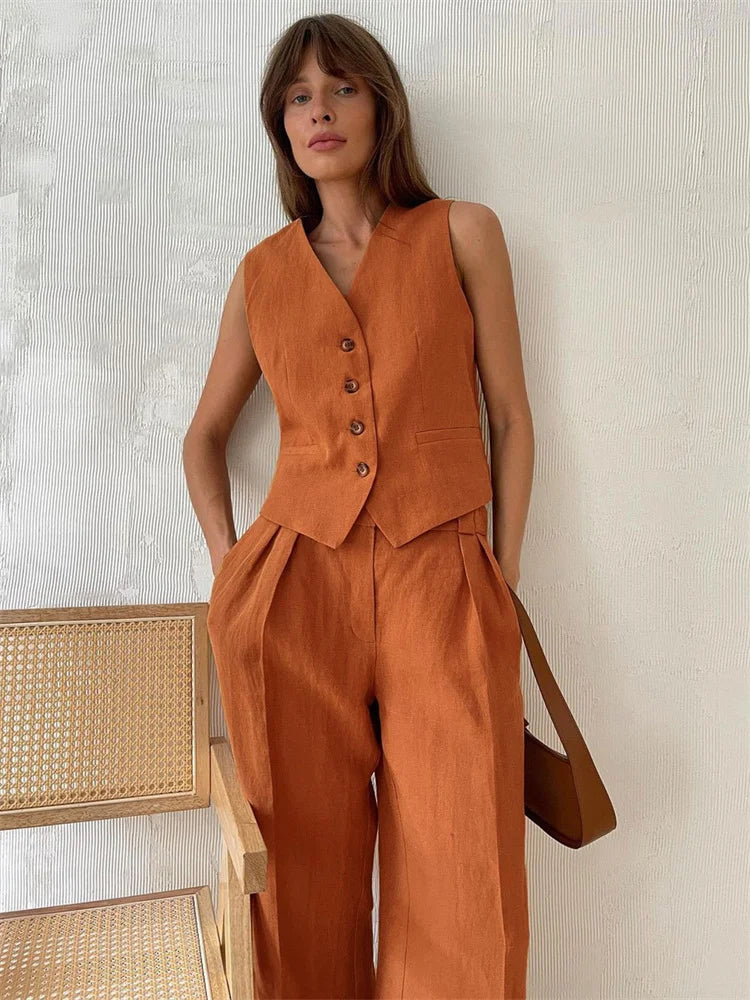 2-Piece Linen Trouser Set for Women | Marlowe Orange