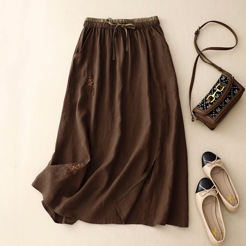 A-Line 100% Linen Skirt for Women | Hazel Coffee