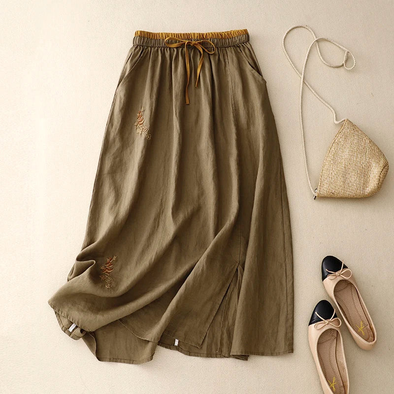 A-Line 100% Linen Skirt for Women | Hazel Khaki