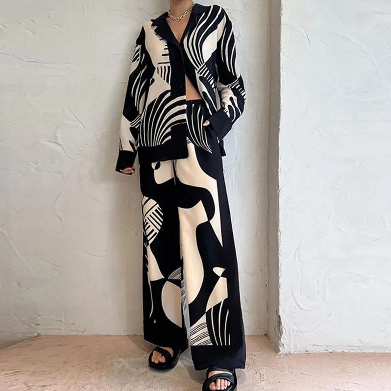 Abstract Print Long Sleeve Shirt and Wide-Leg Pants Set for Women | Bella