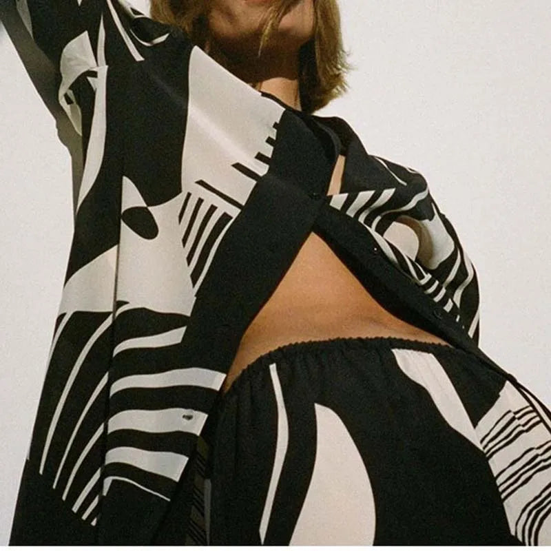 Abstract Print Long Sleeve Shirt and Wide-Leg Pants Set for Women | Bella