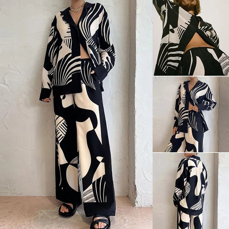 Abstract Print Long Sleeve Shirt and Wide-Leg Pants Set for Women | Bella