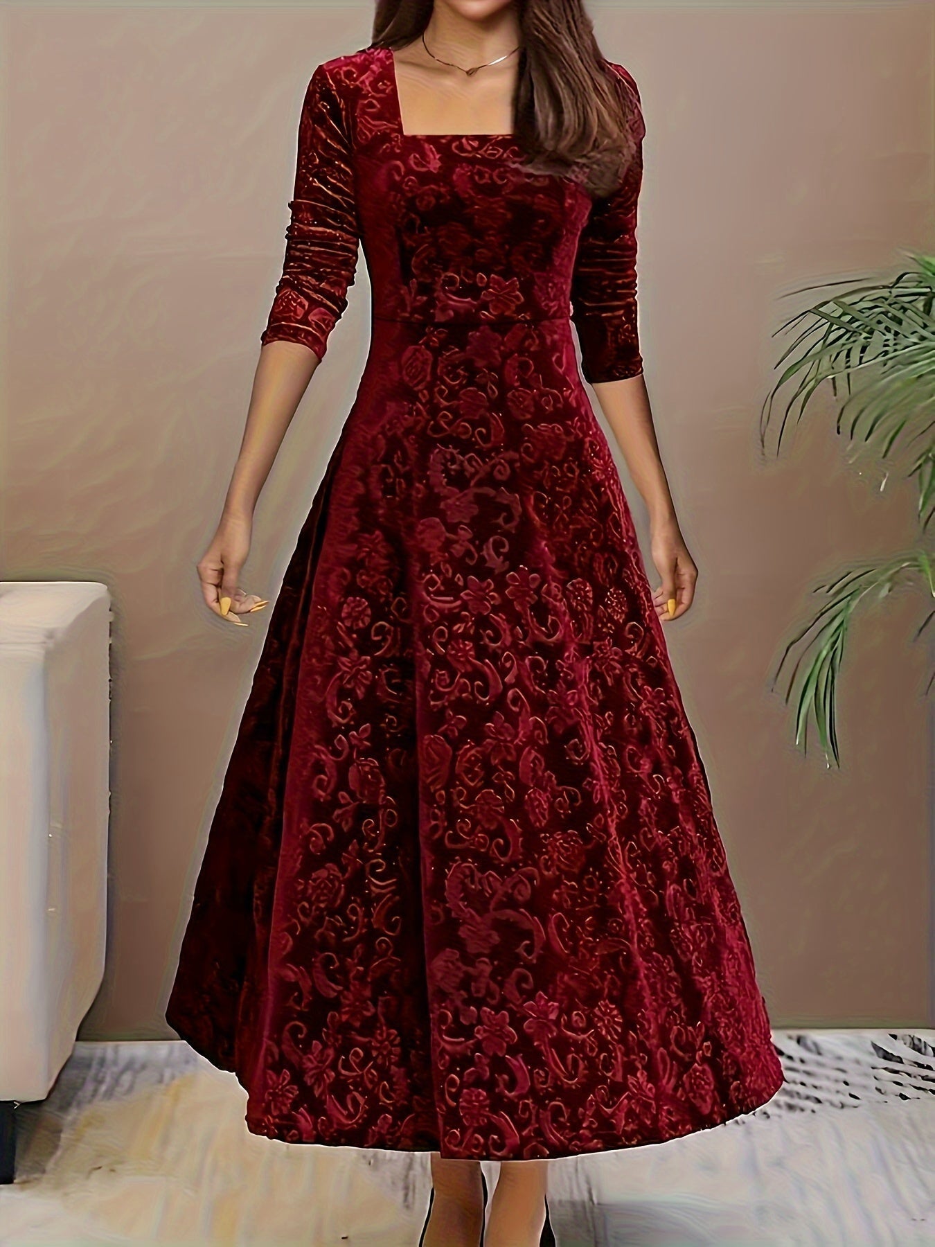 Alera | Square Neck Velvet Formal Dress Dark Red