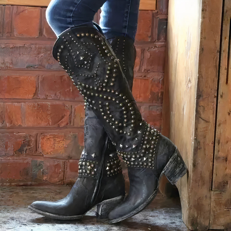 Alyra | Studded Cowboy Boots with Chunky Heel Black