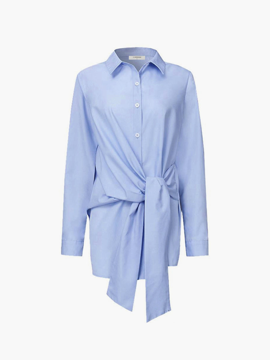 Asymmetric Knot Front Long Sleeve Shirt for Women | Corrine Blue