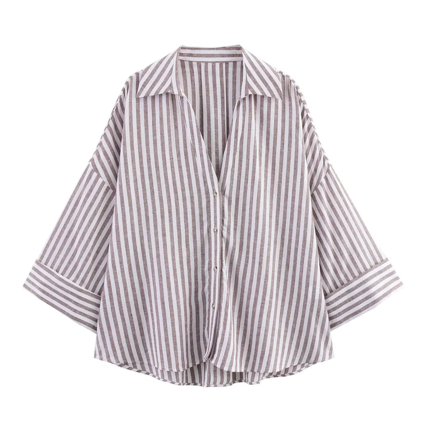Asymmetric Striped Shirt For Women | Liora Khaki