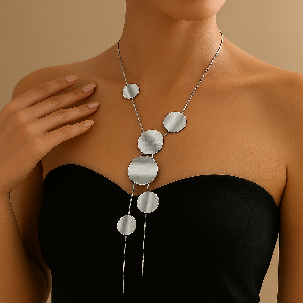 Asymmetrical Disc Pendant Long Necklace for Women | Klea Silver