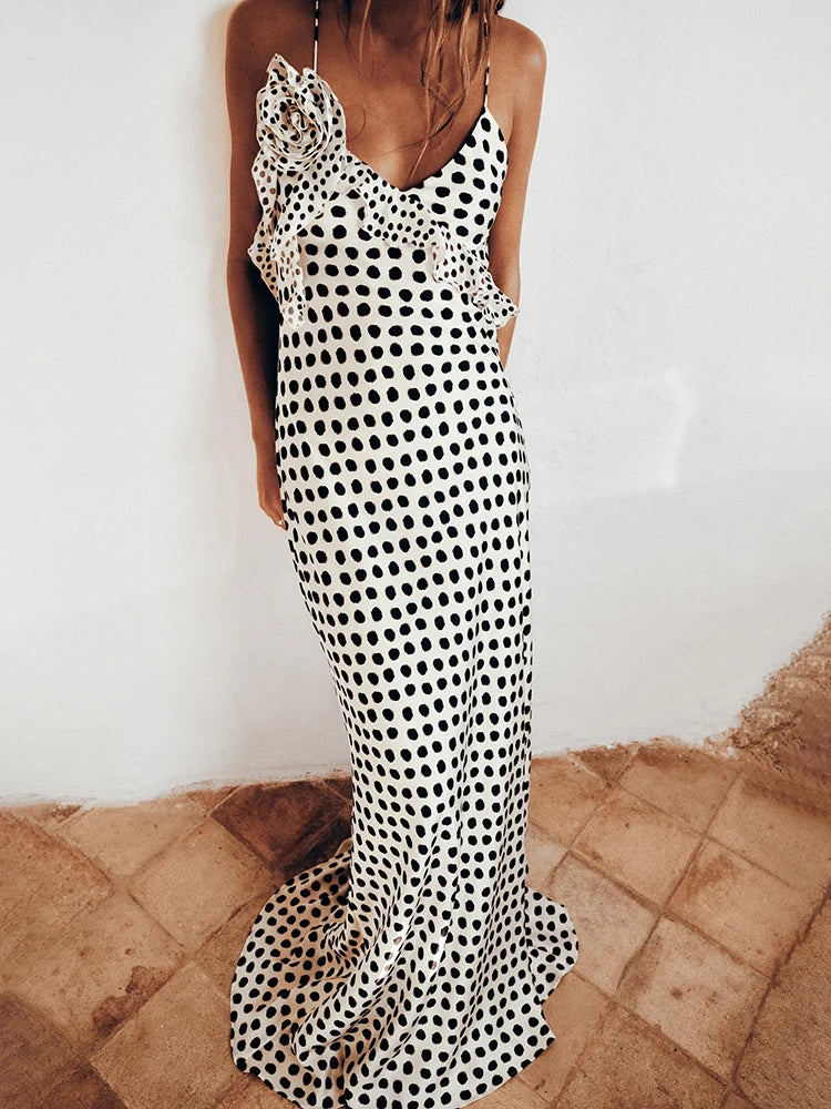 Backless Print Dots Flower Maxi Dress for Women | Julissa Mo White