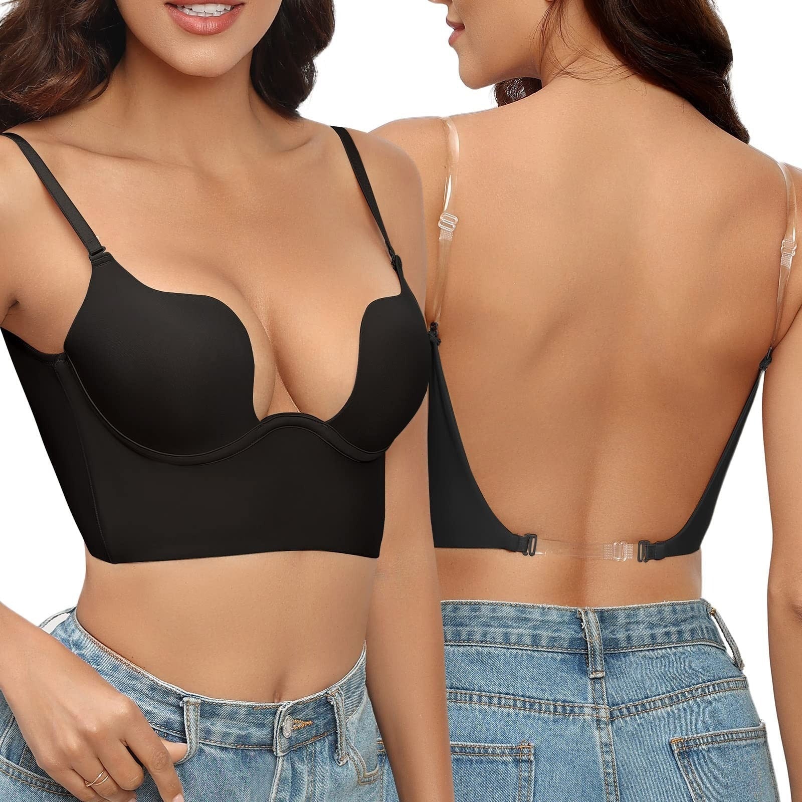 Backless Lift Support Bra with Deep U-Plunge Neckline for Women | Charlie Black