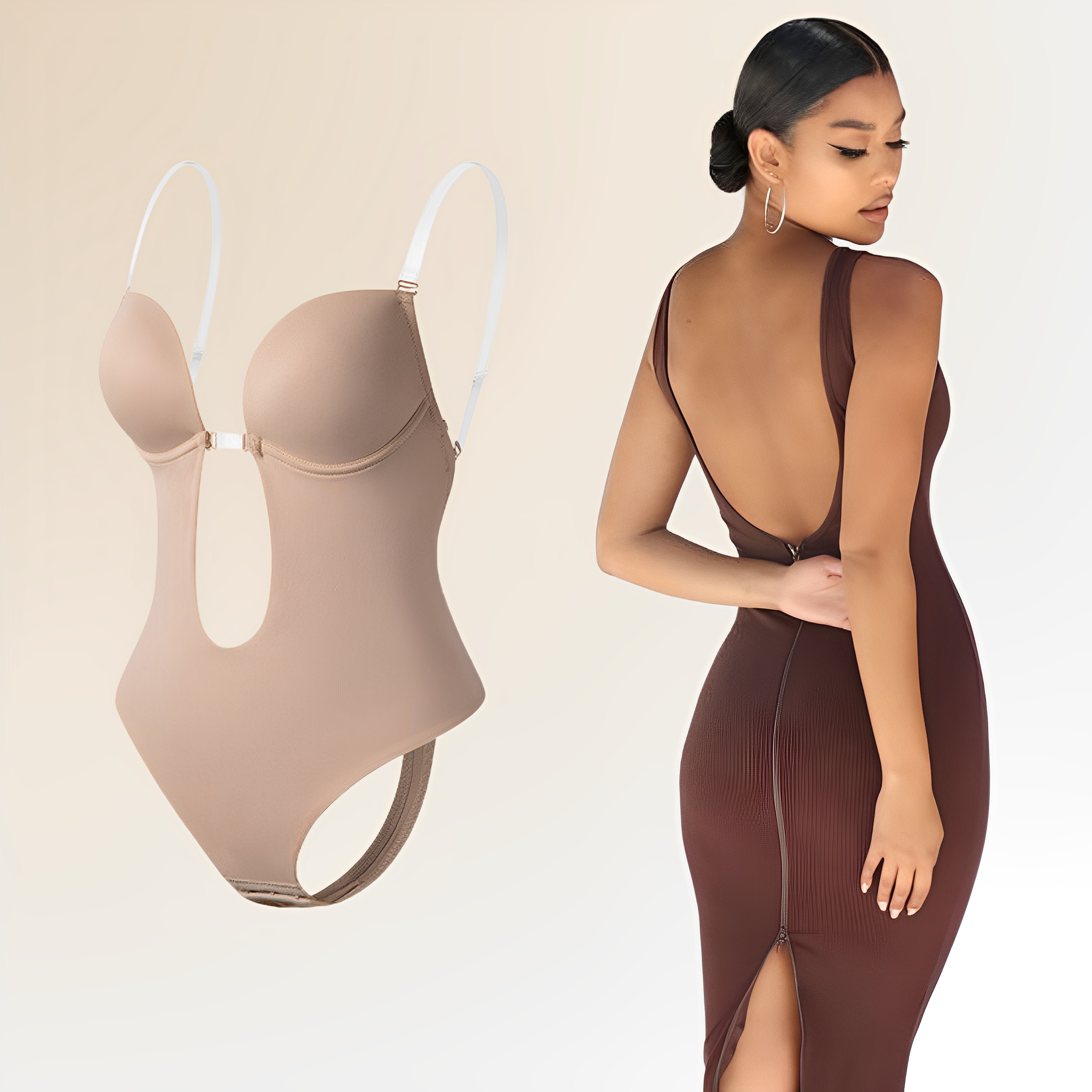 Backless U-Plunge Bodysuit Shapewear for Women | Celestina Nude