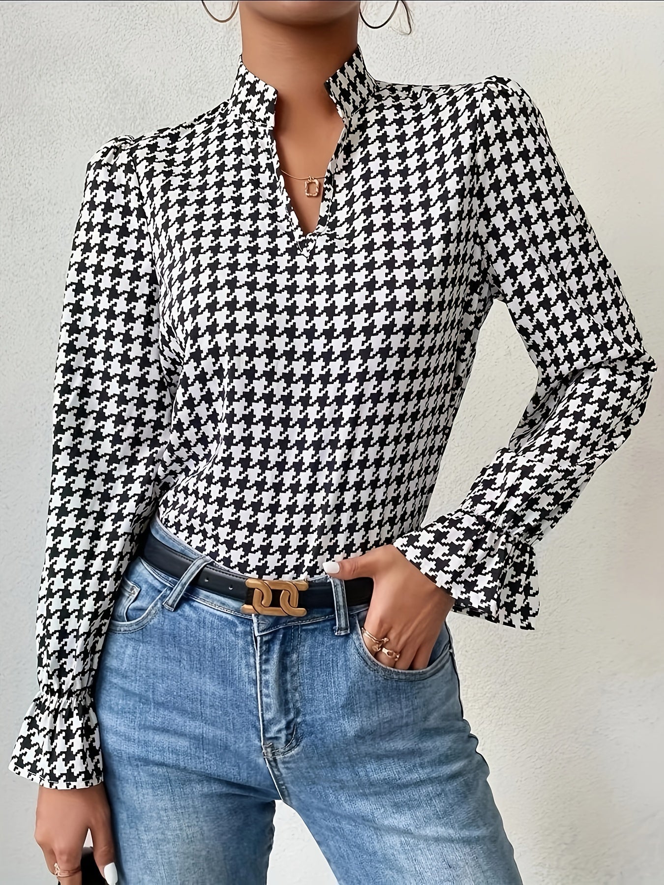 Black Houndstooth Blouse for Women | Amelie Black & White