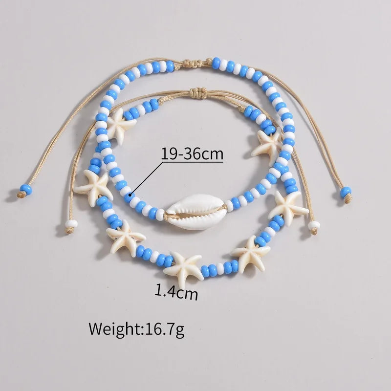 Blue Beaded Shell & Starfish Anklet Set for Women | Oceana