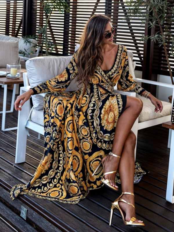 Bohemian Maxi Dress with Golden Print and High Slit for Women | Liora