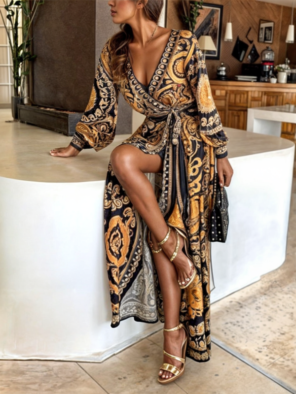 Bohemian Maxi Dress with Golden Print and High Slit for Women | Liora Golden Yellow
