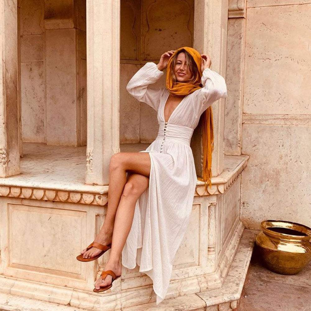 Bohemian Long Sleeve Button-Front Maxi Dress for Women | Blossom