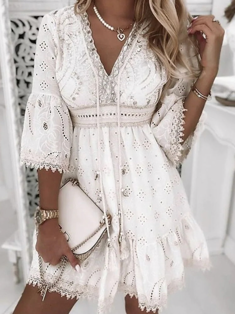 Boho White Lace Embroidered Mini Dress for Women | Mela
