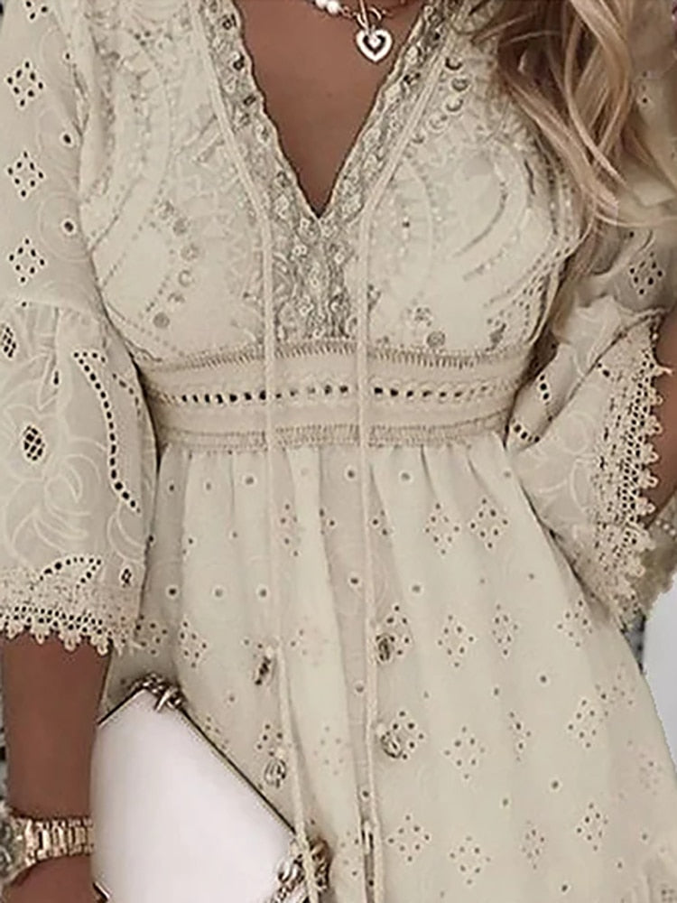 Boho White Lace Embroidered Mini Dress for Women | Mela Beige