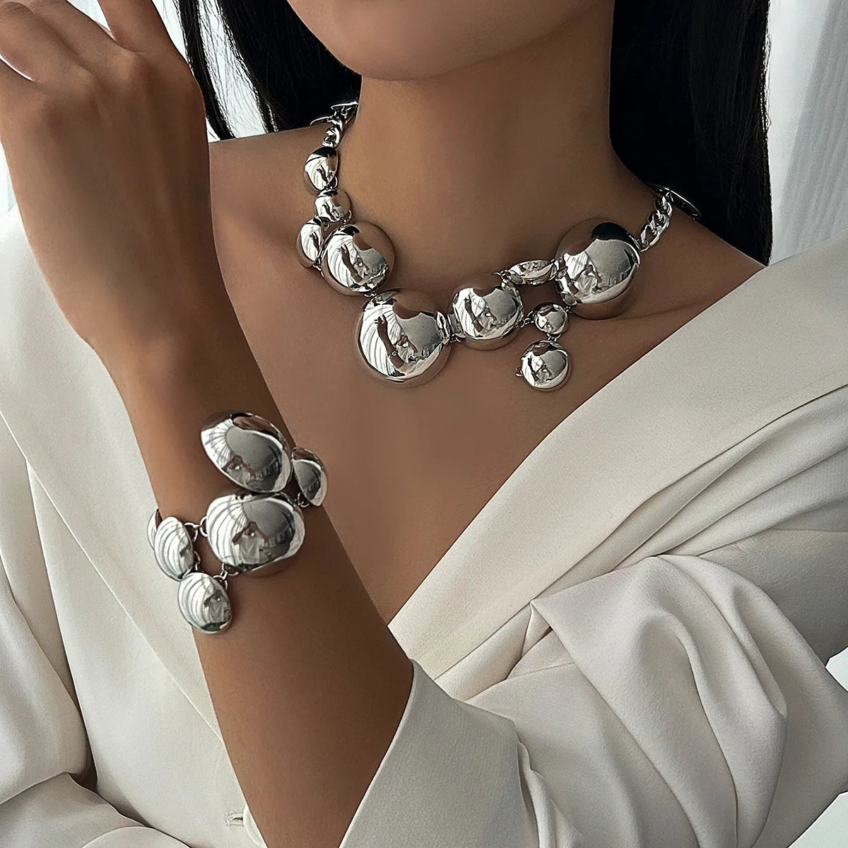 Bold Bubble Statement Necklace and Bracelet Set for Women | Aurelia Silver