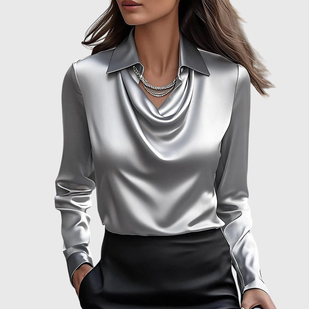 Brina | Cascade Neckline Satin Blouse Silver