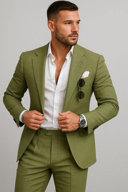 Castello – Men's Linen Wedding Suit 2-Piece Set Olive Green