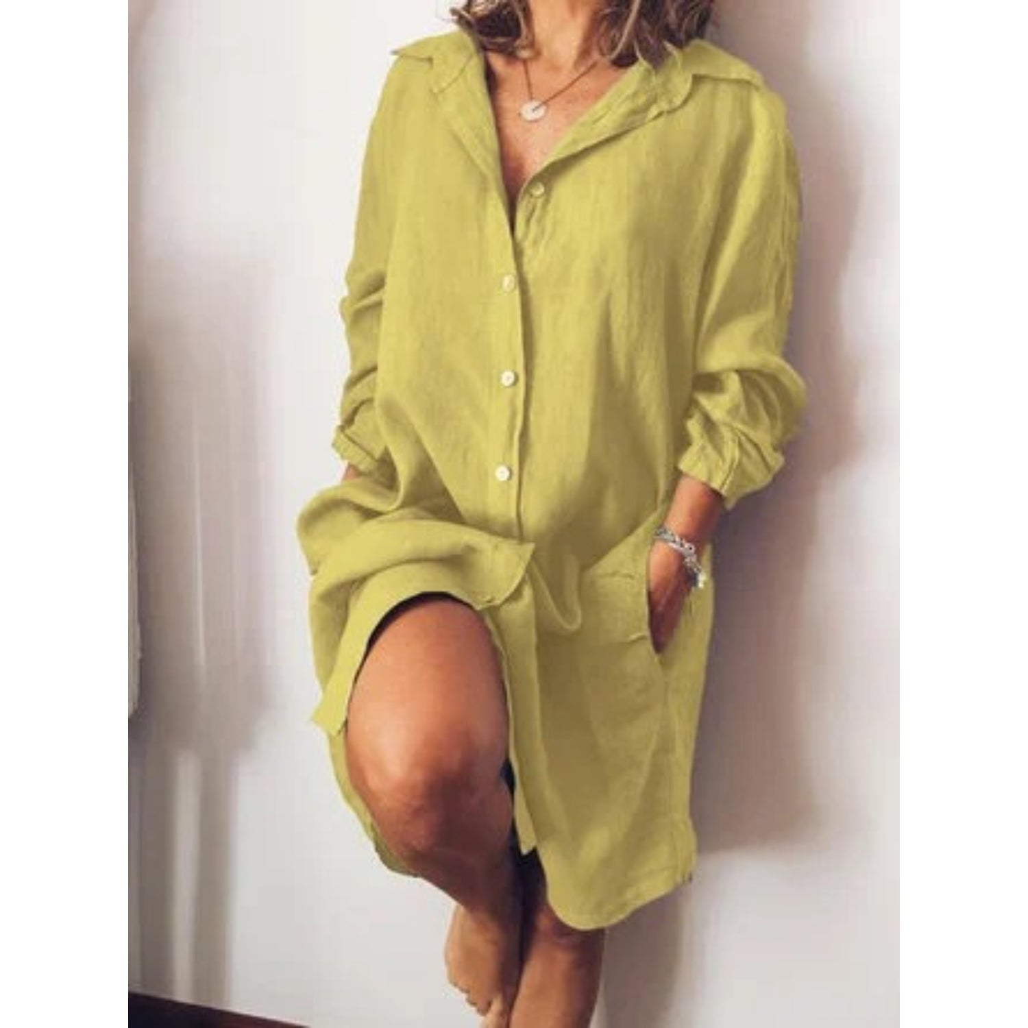 Casual Button-Up Linen Shirt Dress for Women | Clara Yellow