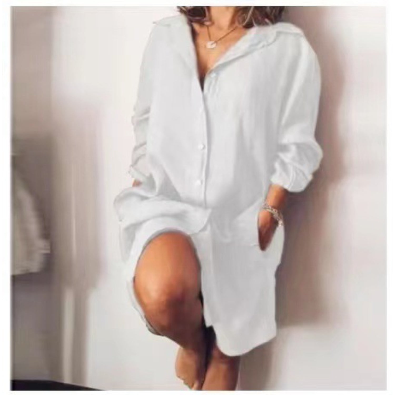 Casual Button-Up Linen Shirt Dress for Women | Clara White