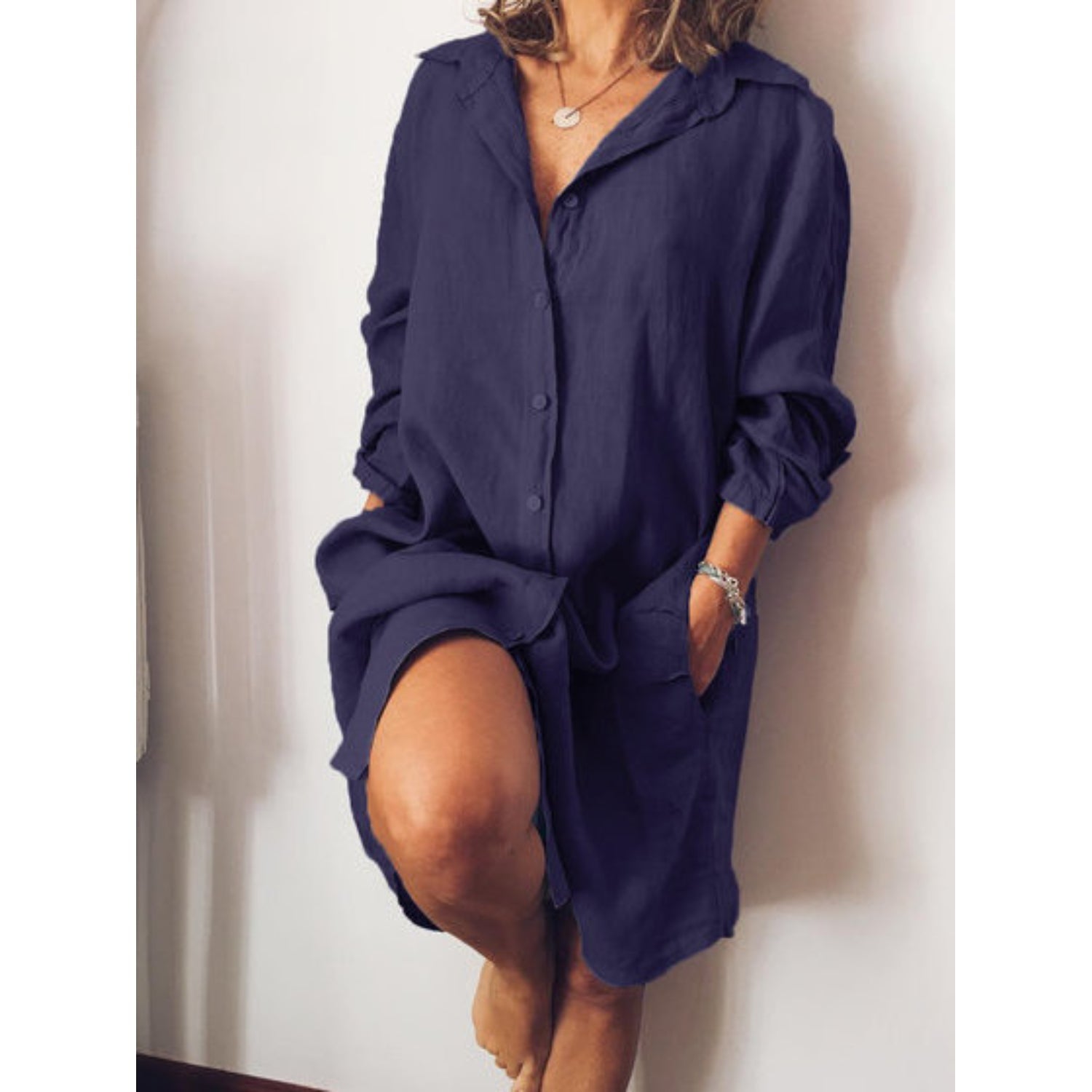 Casual Button-Up Linen Shirt Dress for Women | Clara Dark Blue