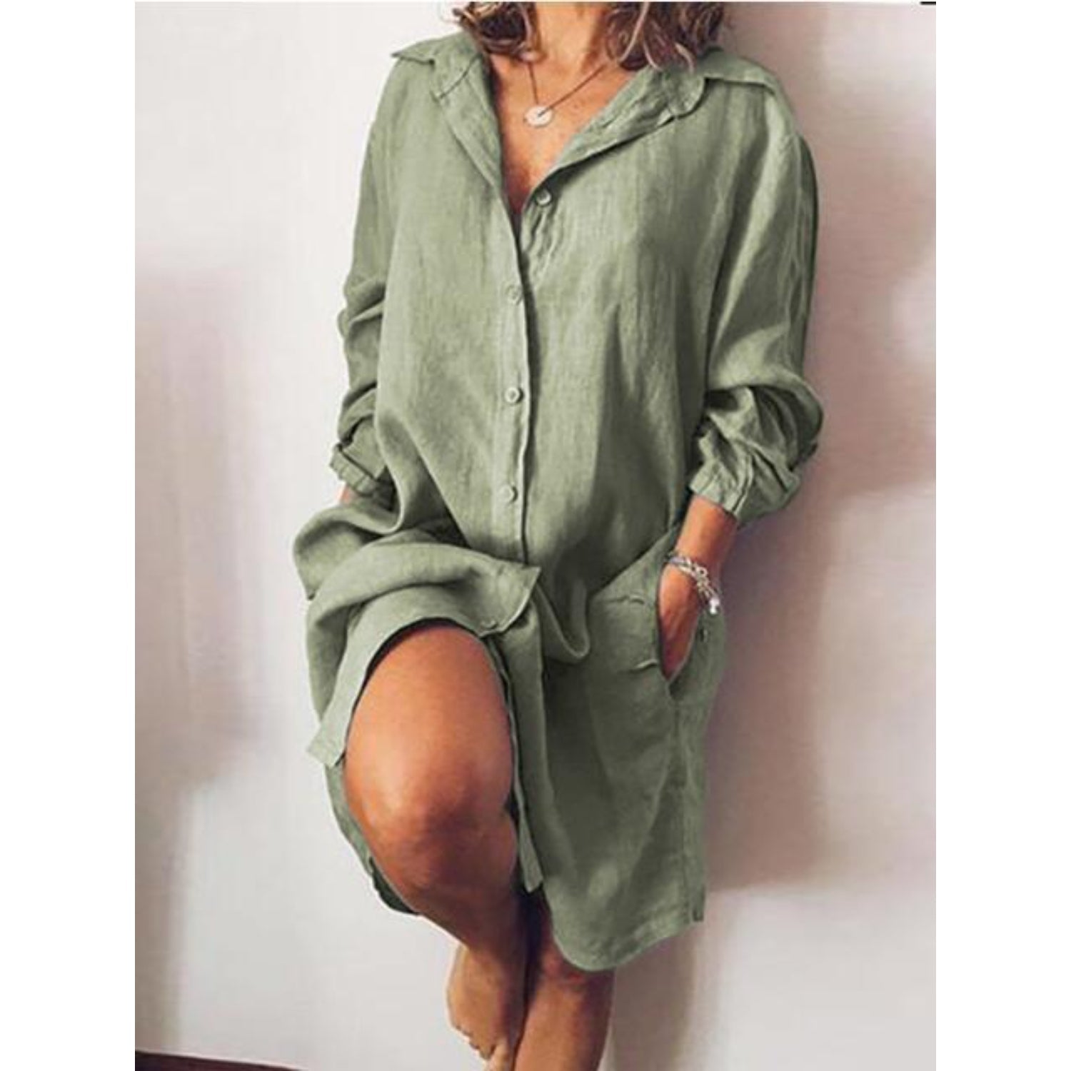 Casual Button-Up Linen Shirt Dress for Women | Clara Green
