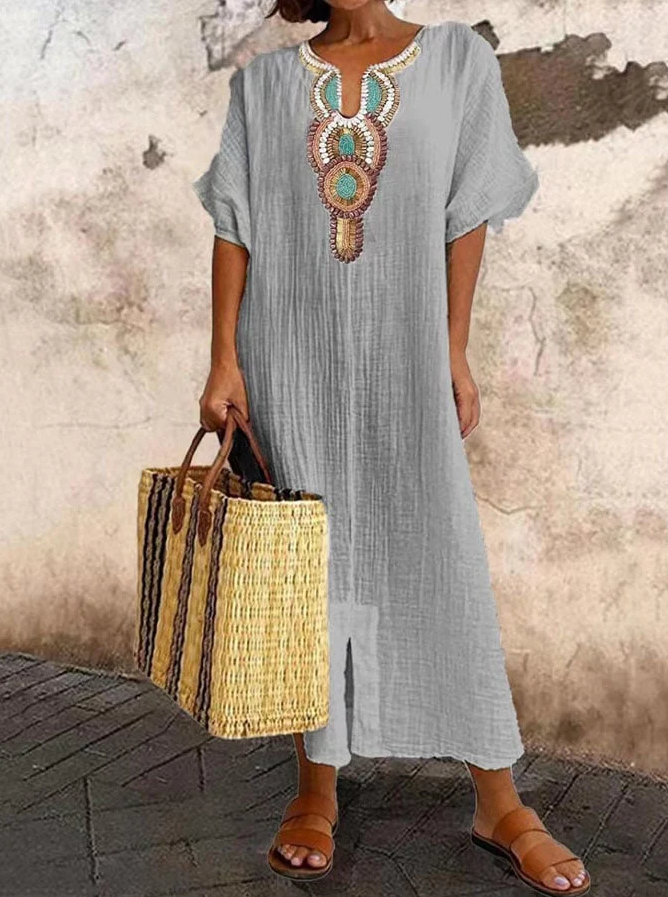 Casual Cotton Kaftan Dress For Women | Lilara Light gray