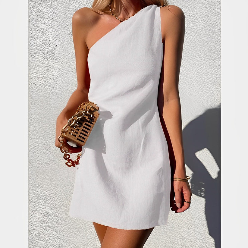 Casual One Shoulder Linen Mini Summer Dress for Women | Liana White