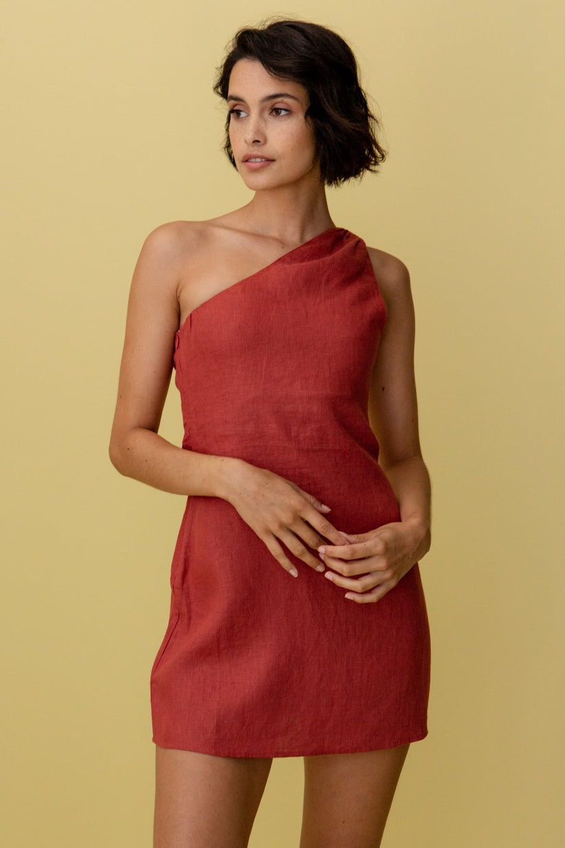 Casual One Shoulder Linen Mini Summer Dress for Women | Liana Red