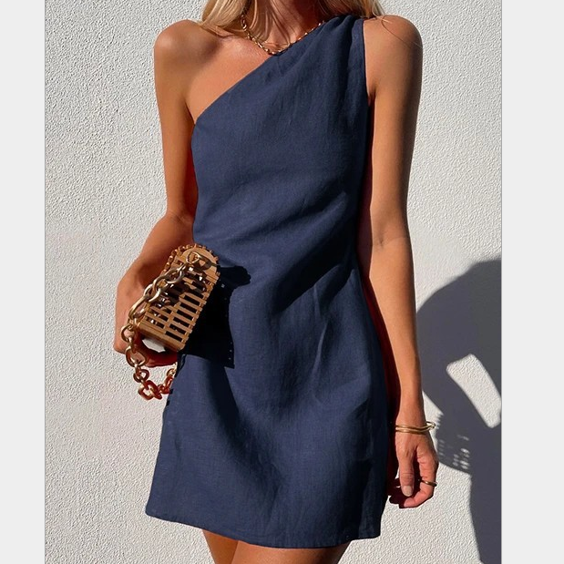 Casual One Shoulder Linen Mini Summer Dress for Women | Liana Navy Blue