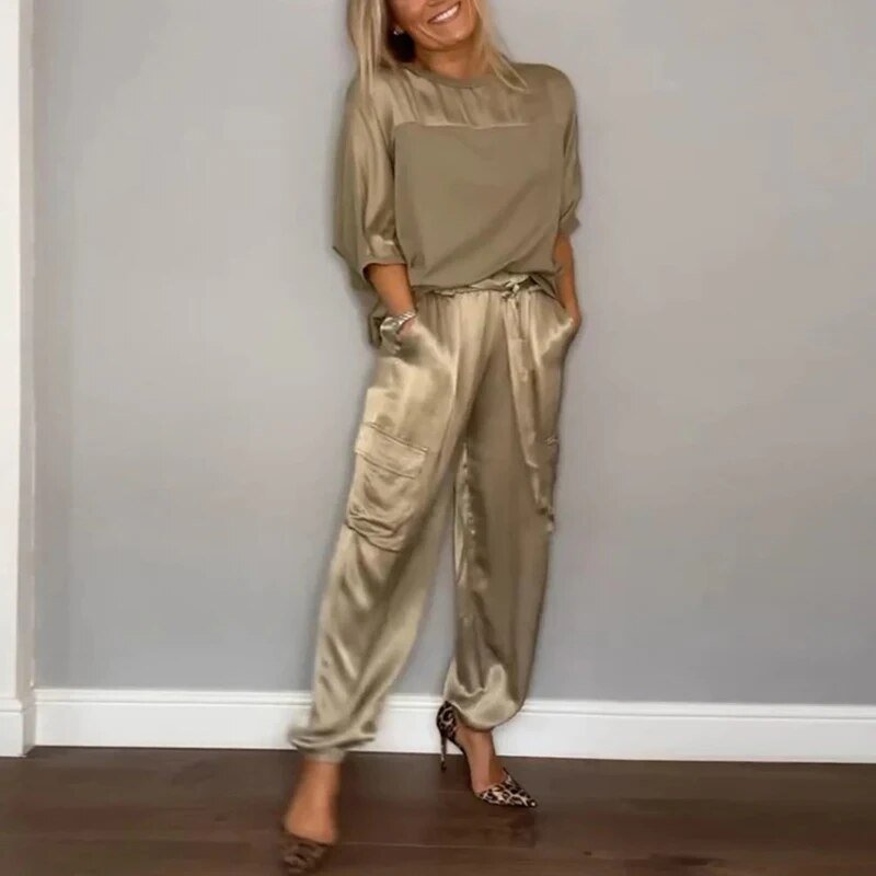 Casual Satin Relaxed-Fit Two-Piece Set for Women | Melody Champagne