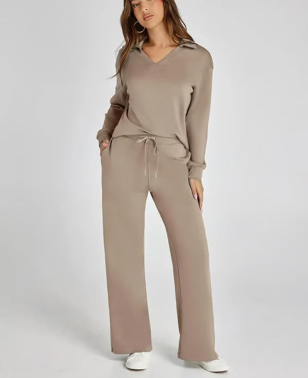 Casual Soft Knit Collared Lounge Set for Women | Regine Brown