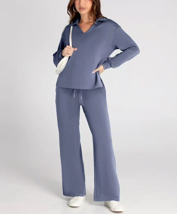 Casual Soft Knit Collared Lounge Set for Women | Regine Blue Purple